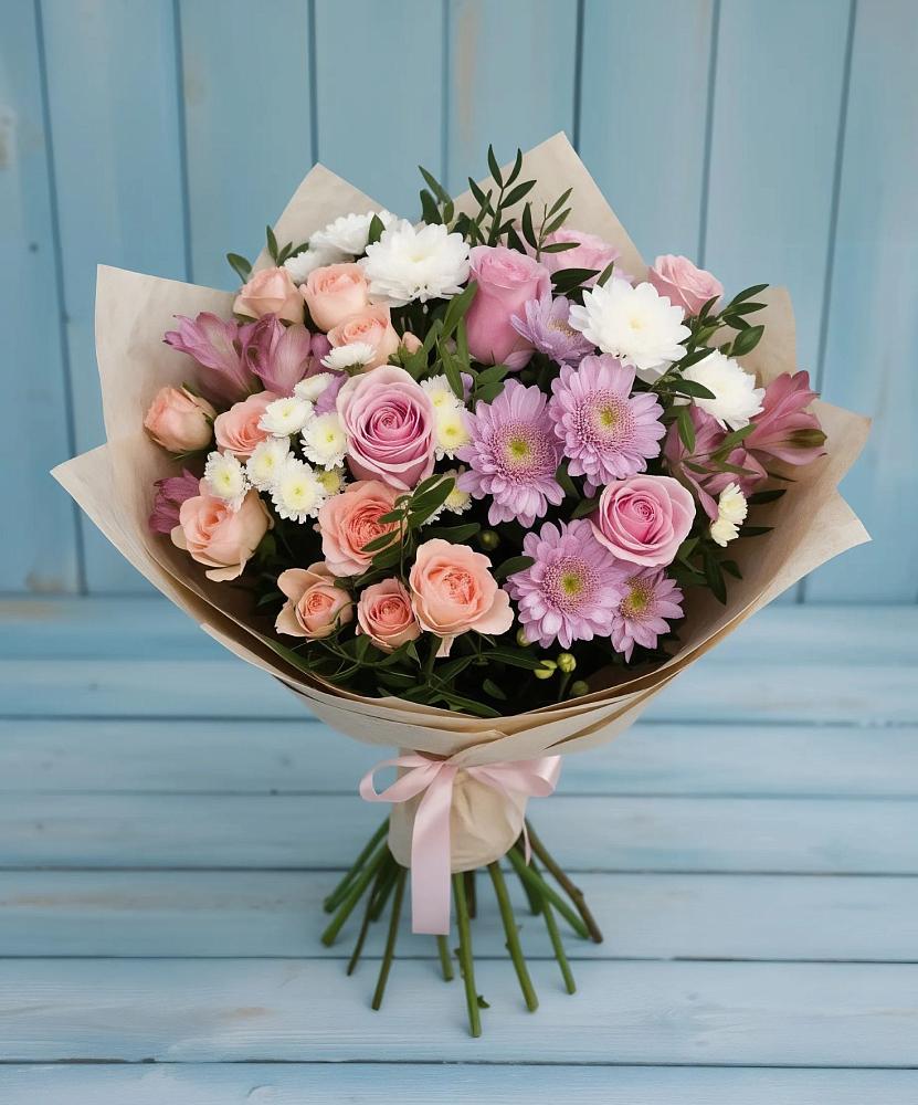 Букет цветов из: Хризантемы, Розы и Альстромерии в Светлые Горы