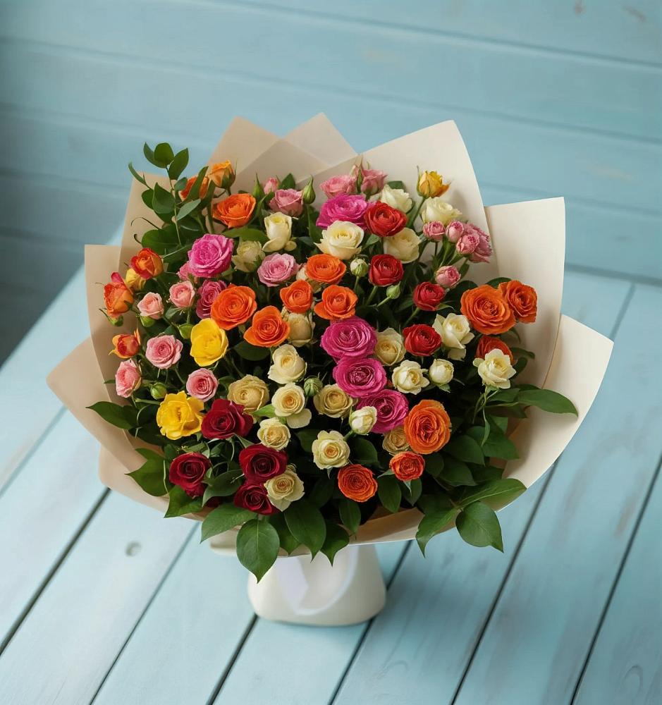 Букет Микс из разноцветных кустовых роз в Светлые Горы