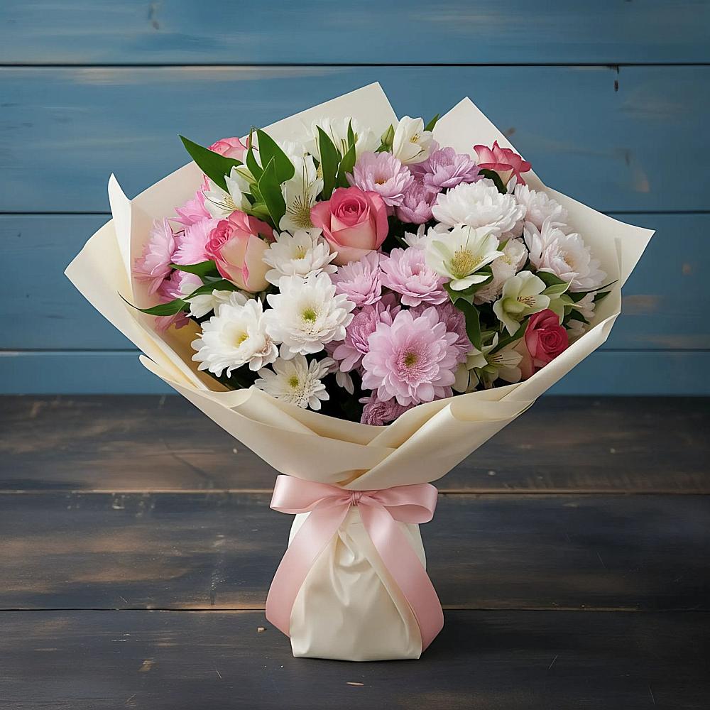 Букет цветов из: Хризантемы, Альстромерии и Розы в Светлые Горы